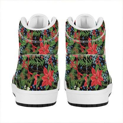 Xmas Poinsettia Pattern Print High Top Leather Sneakers