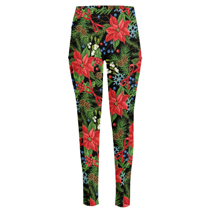 Xmas Poinsettia Pattern Print High-Waisted Pocket Leggings