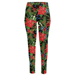 Xmas Poinsettia Pattern Print High-Waisted Pocket Leggings