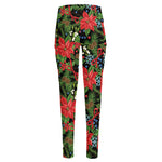 Xmas Poinsettia Pattern Print High-Waisted Pocket Leggings