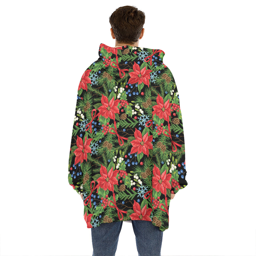 Xmas Poinsettia Pattern Print Hoodie Blanket