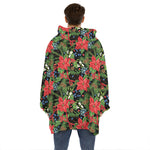 Xmas Poinsettia Pattern Print Hoodie Blanket