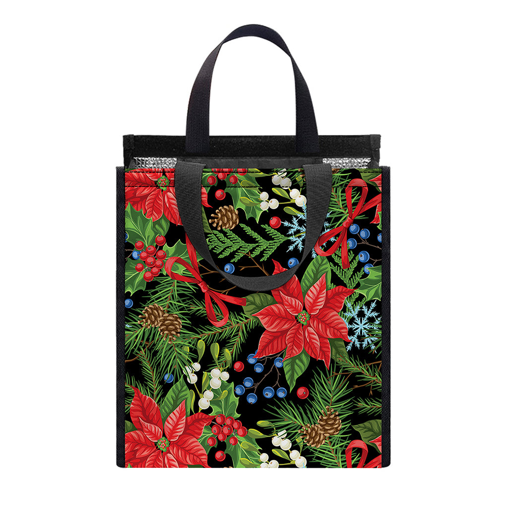 Xmas Poinsettia Pattern Print Insulated Lunch Tote