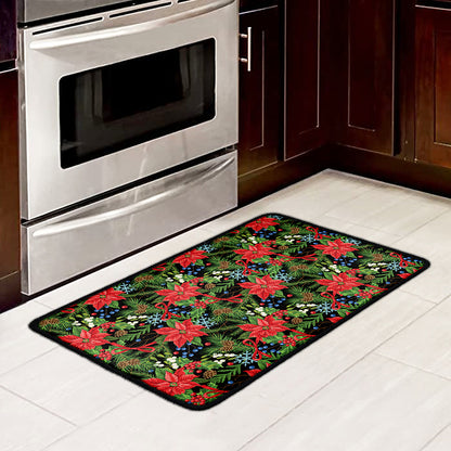 Xmas Poinsettia Pattern Print Kitchen Mat