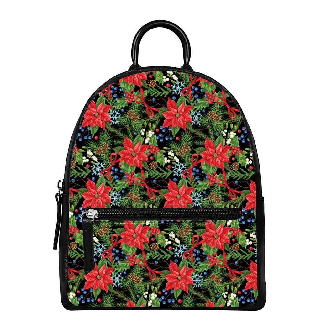 Xmas Poinsettia Pattern Print Leather Backpack