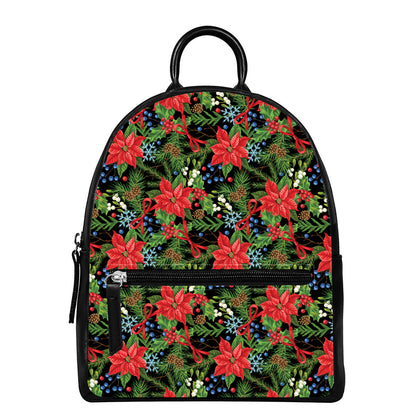 Xmas Poinsettia Pattern Print Leather Backpack