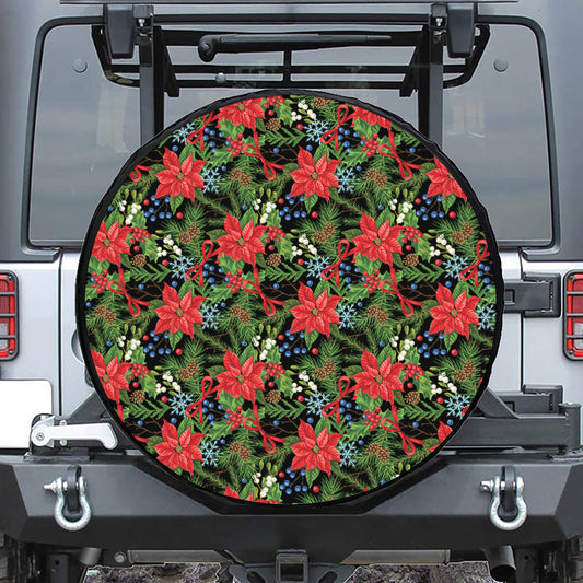 Xmas Poinsettia Pattern Print Leather Spare Tire Cover