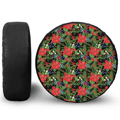 Xmas Poinsettia Pattern Print Leather Spare Tire Cover
