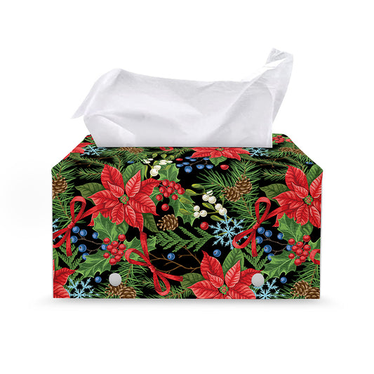 Xmas Poinsettia Pattern Print Leather Tissue Box Cover
