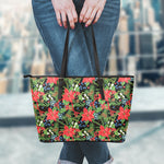 Xmas Poinsettia Pattern Print Leather Tote Bag
