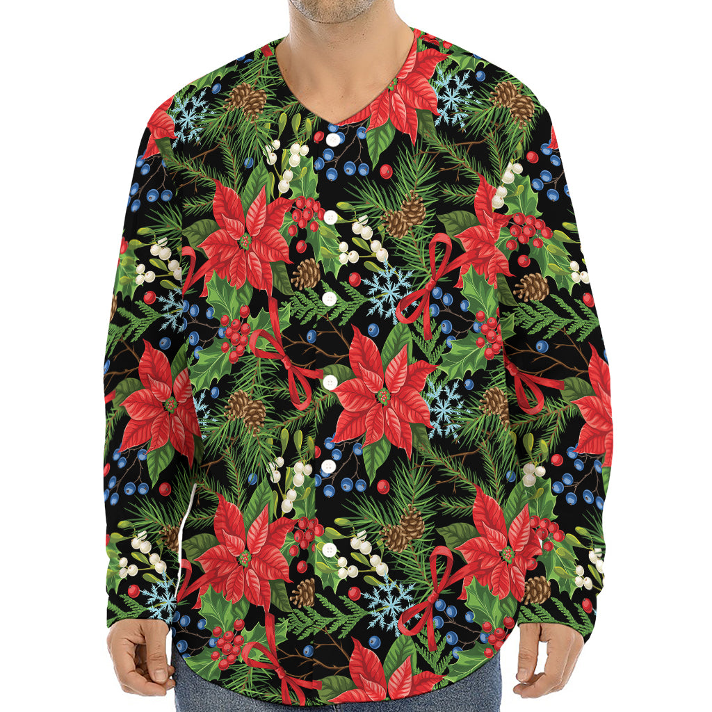 Xmas Poinsettia Pattern Print Long Sleeve Baseball Jersey