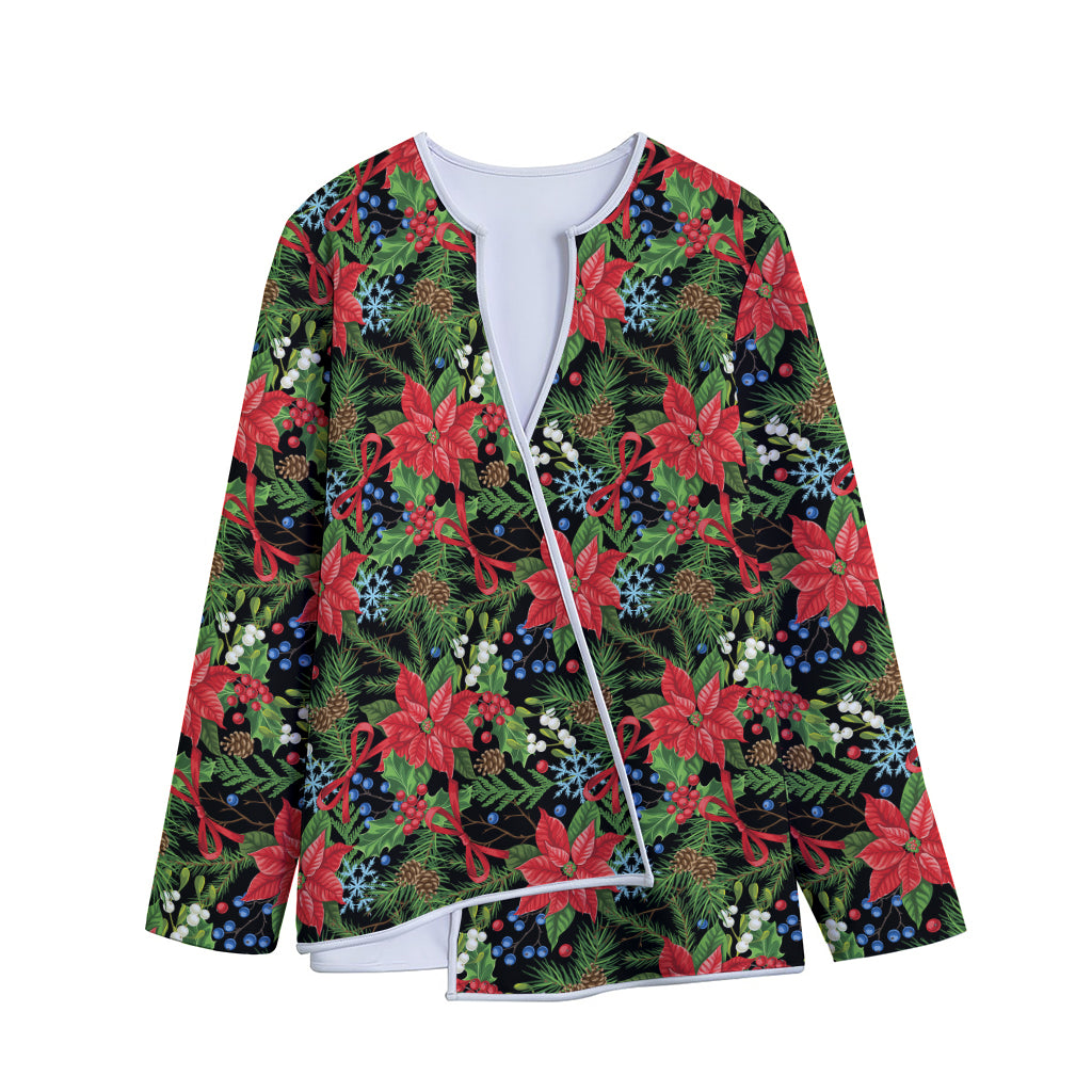 Xmas Poinsettia Pattern Print Long Sleeve Short Coat