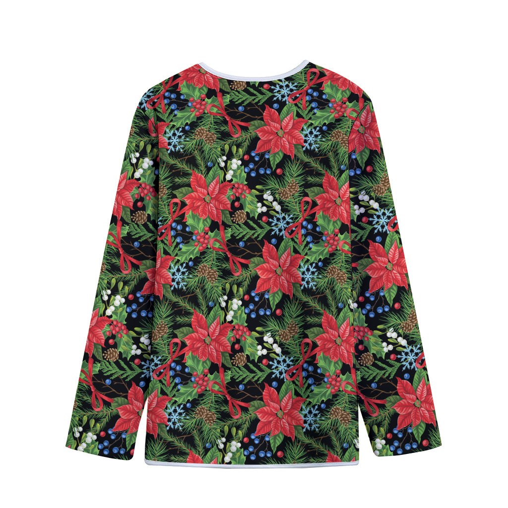 Xmas Poinsettia Pattern Print Long Sleeve Short Coat