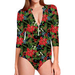 Xmas Poinsettia Pattern Print Long Sleeve Swimsuit