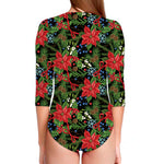Xmas Poinsettia Pattern Print Long Sleeve Swimsuit