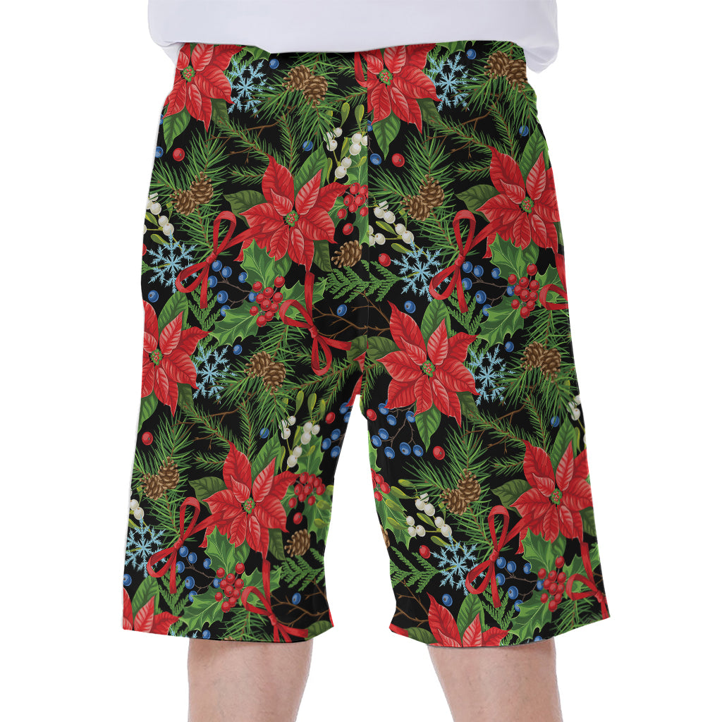 Xmas Poinsettia Pattern Print Men's Beach Shorts
