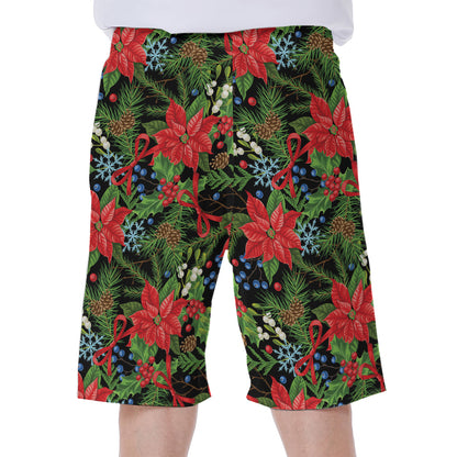 Xmas Poinsettia Pattern Print Men's Beach Shorts