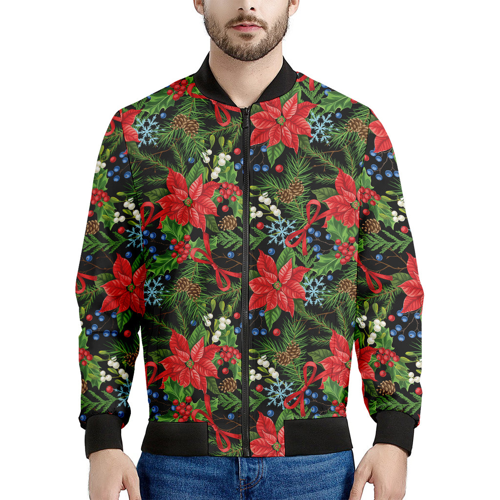 Xmas Poinsettia Pattern Print Men's Bomber Jacket