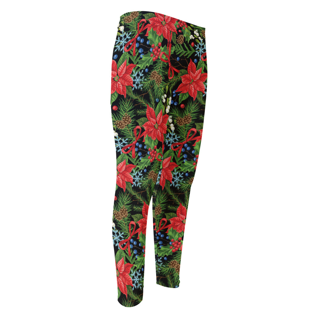 Xmas Poinsettia Pattern Print Men's Compression Pants