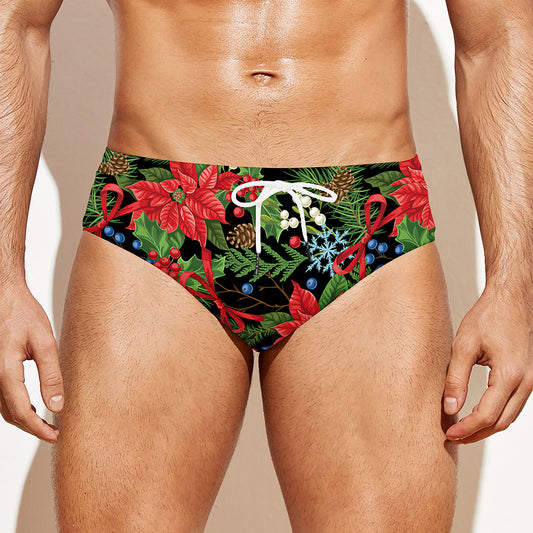 Xmas Poinsettia Pattern Print Men's Swim Briefs