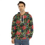 Xmas Poinsettia Pattern Print Men's Velvet Pullover Hoodie