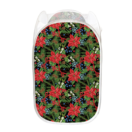 Xmas Poinsettia Pattern Print Mesh Laundry Hamper