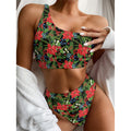 Xmas Poinsettia Pattern Print One Shoulder Bikini Set