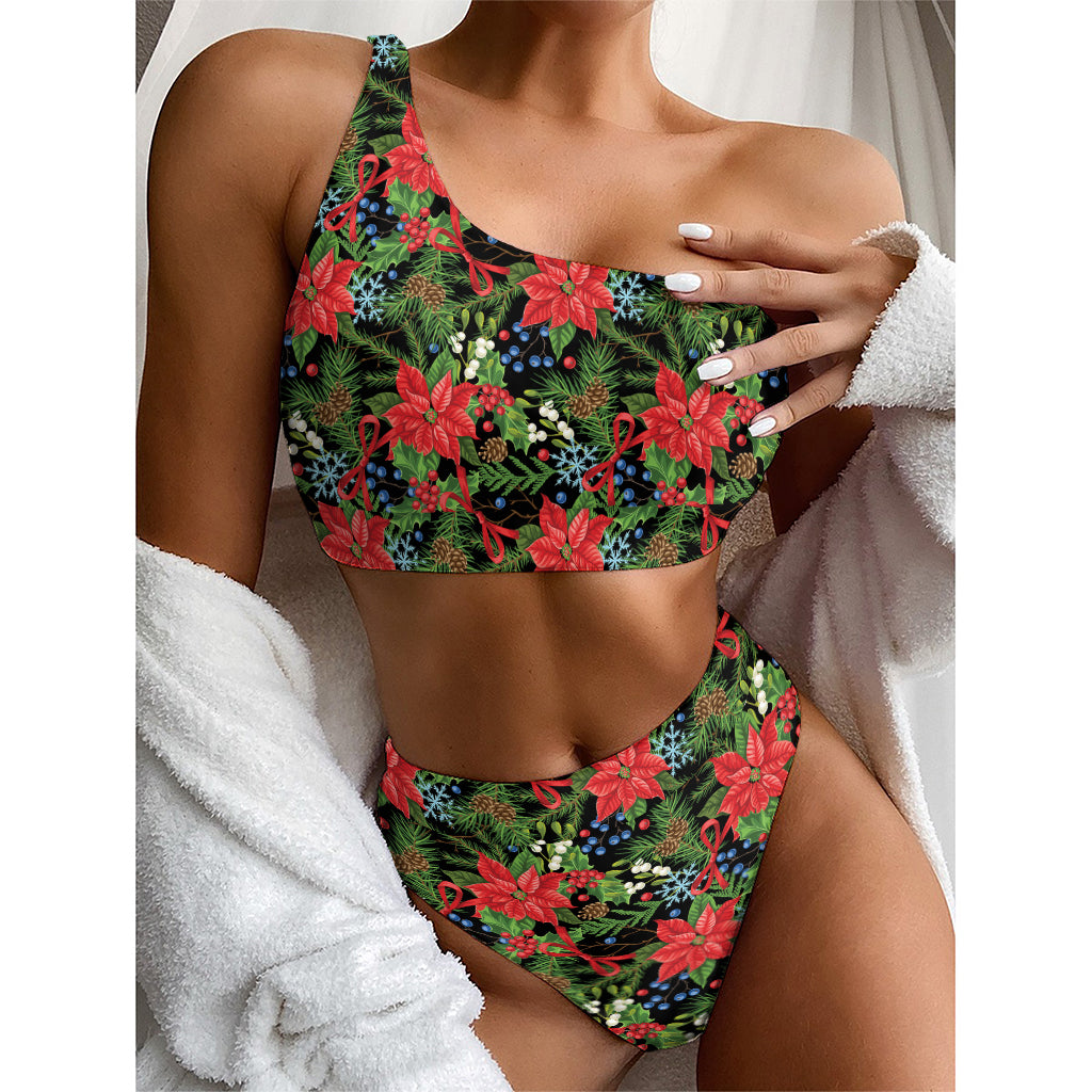 Xmas Poinsettia Pattern Print One Shoulder Bikini Top