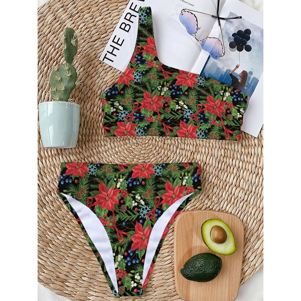 Xmas Poinsettia Pattern Print One Shoulder Bikini Top
