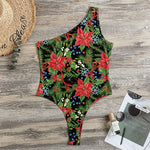 Xmas Poinsettia Pattern Print One Shoulder Bodysuit
