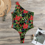Xmas Poinsettia Pattern Print One Shoulder Bodysuit