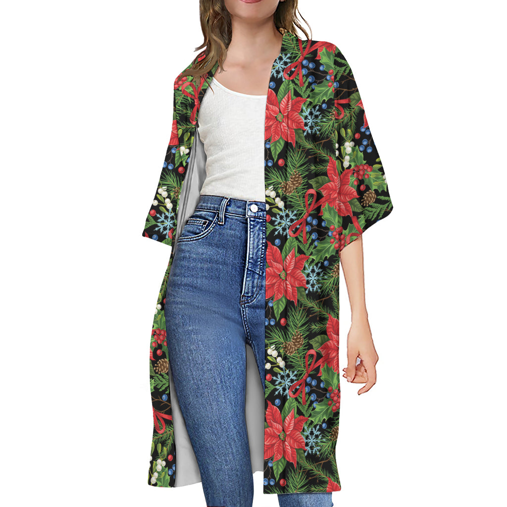 Xmas Poinsettia Pattern Print Open Front Beach Cover Up
