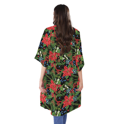 Xmas Poinsettia Pattern Print Open Front Beach Cover Up