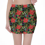 Xmas Poinsettia Pattern Print Pencil Mini Skirt