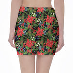 Xmas Poinsettia Pattern Print Pencil Mini Skirt
