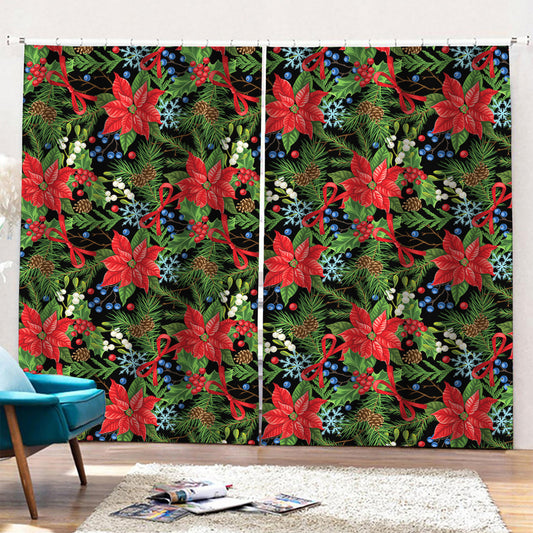 Xmas Poinsettia Pattern Print Pencil Pleat Curtains