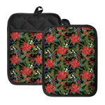 Xmas Poinsettia Pattern Print Pot Holders With Pocket