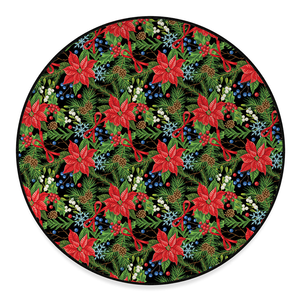 Xmas Poinsettia Pattern Print Round Floor Mat