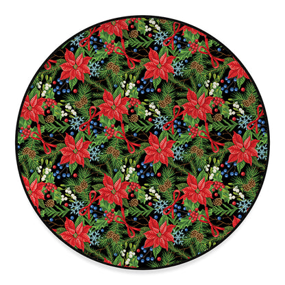 Xmas Poinsettia Pattern Print Round Floor Mat