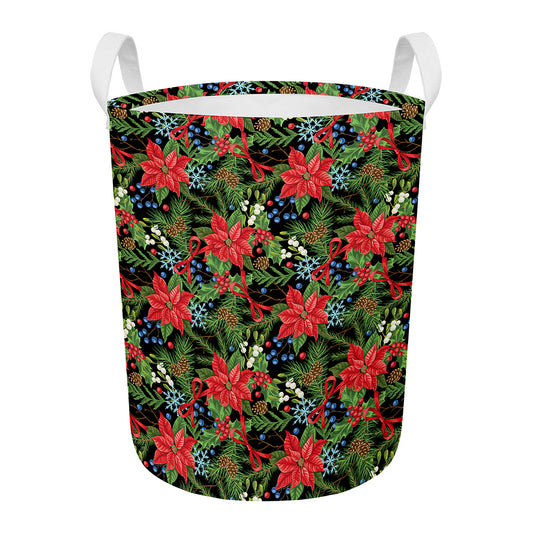Xmas Poinsettia Pattern Print Round Laundry Basket