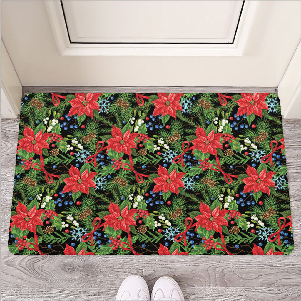 Xmas Poinsettia Pattern Print Rubber Doormat