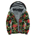 Xmas Poinsettia Pattern Print Sherpa Lined Zip Up Hoodie