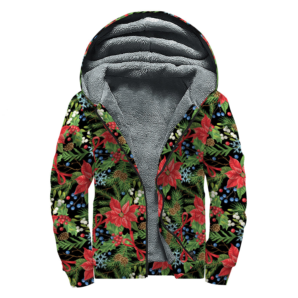 Xmas Poinsettia Pattern Print Sherpa Lined Zip Up Hoodie