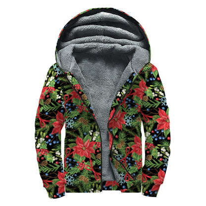 Xmas Poinsettia Pattern Print Sherpa Lined Zip Up Hoodie
