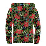 Xmas Poinsettia Pattern Print Sherpa Lined Zip Up Hoodie