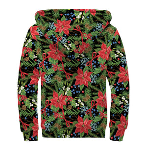 Xmas Poinsettia Pattern Print Sherpa Lined Zip Up Hoodie