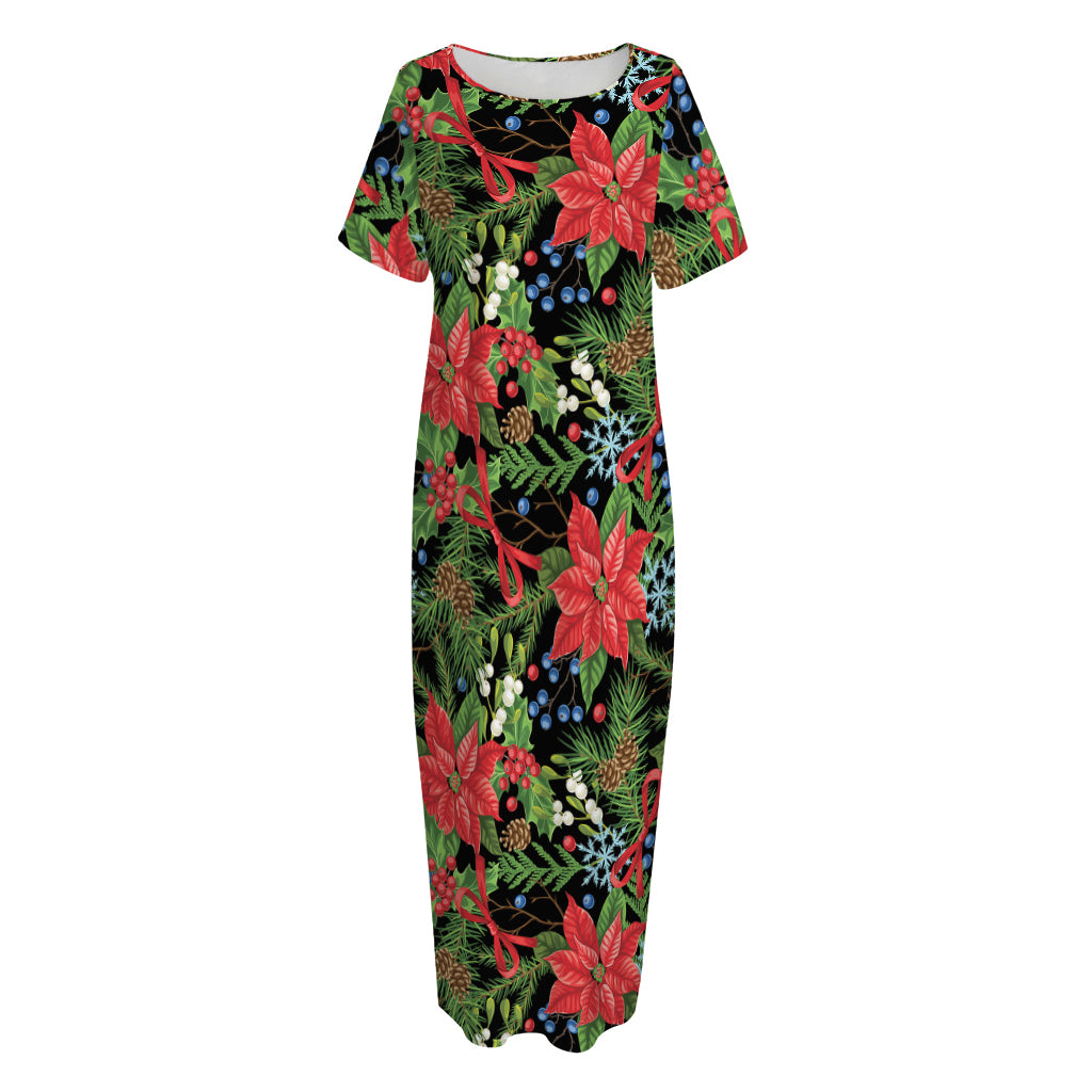 Xmas Poinsettia Pattern Print Short Sleeve Long Nightdress