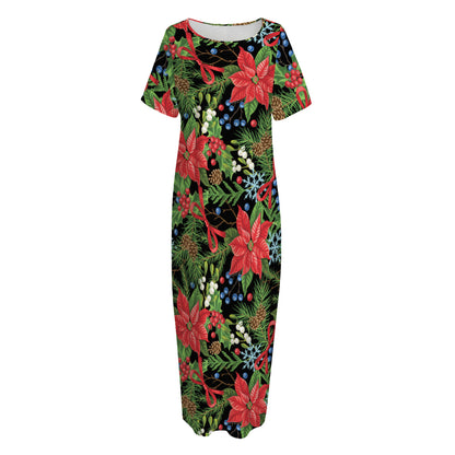 Xmas Poinsettia Pattern Print Short Sleeve Long Nightdress