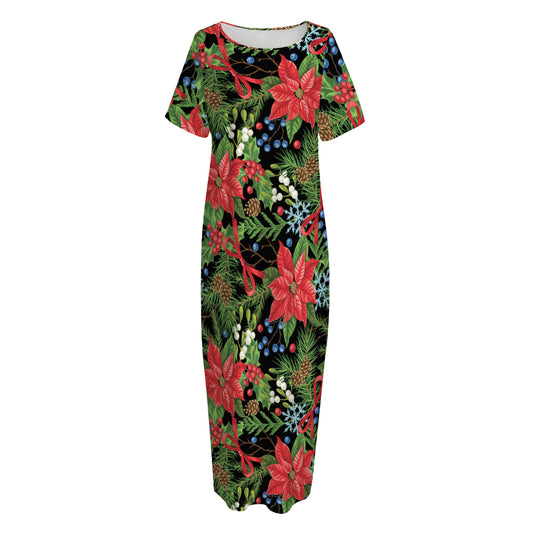 Xmas Poinsettia Pattern Print Short Sleeve Long Nightdress