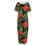 Xmas Poinsettia Pattern Print Short Sleeve Long Nightdress
